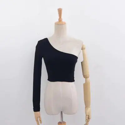 Crop Top with One-Shoulder Cotton Long Sleeve T-Shirt
