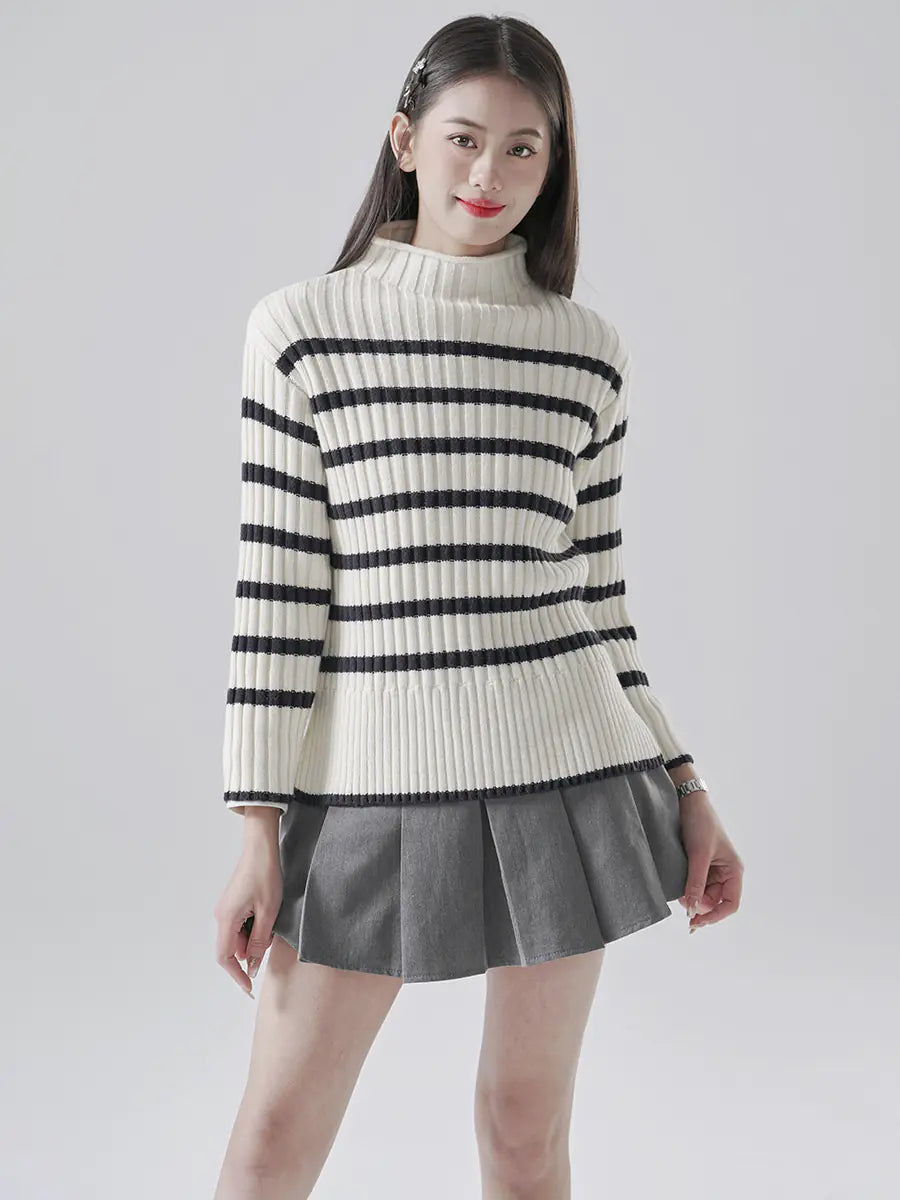 Striped Half Turtleneck Knitted Sweater for Women