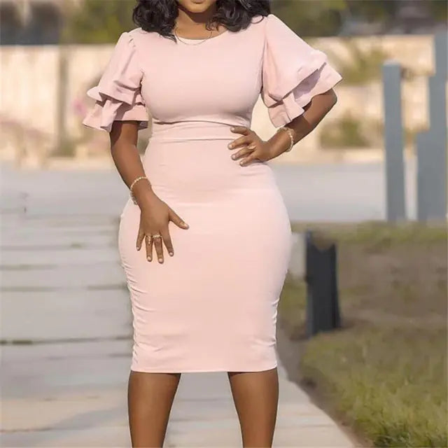 O-Neck Lantern Sleeve Slim Solid Party Dress