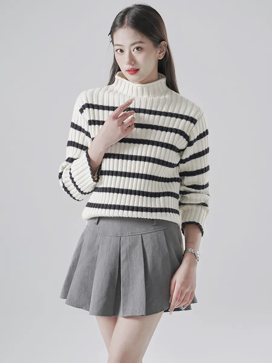 Striped Half Turtleneck Knitted Sweater for Women