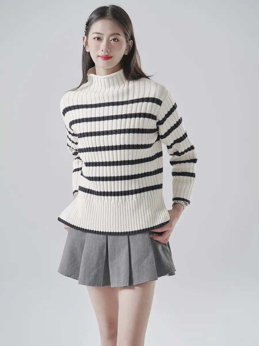 Striped Half Turtleneck Knitted Sweater for Women